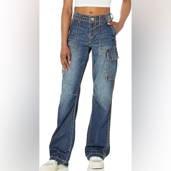 True Religion Women's Cargo Pant Big T Iconic Stiching Size 27 Mosaic Canyon - Picture 3 of 7